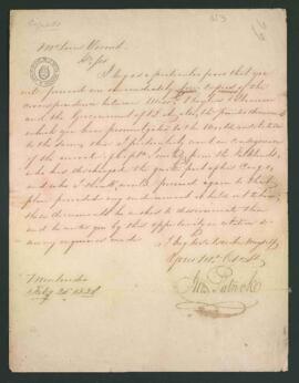 [Carta de G. Patrick a Luis Vernet solicitando información sobre la correspondencia entre Bayliss...