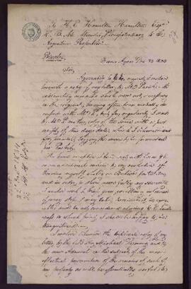 [Carta de Luis Vernet a H. E. Hamilton, Ministro Plenipotenciario en la República Argentina].