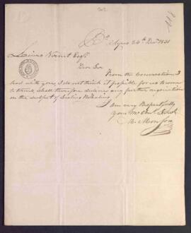 [Carta de Edmond Monson a Luis Vernet manifestándole su  desconfianza sobre futuros acuerdos].