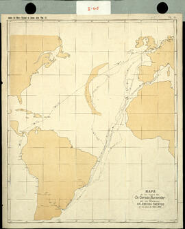 Mapa de los viajes del Doctor Germán Burmeister por los Océanos Atlántico y Pacífico en los años de 1850 a 1890.